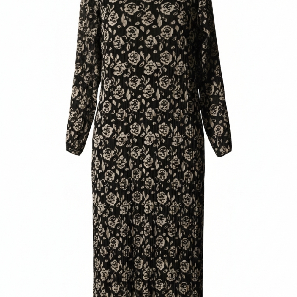 Stockholm Atelier Floral Long Sleeve Midi Dress Large Gray Cream